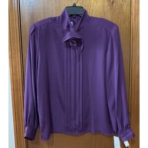 Vtg Laura and Jane Pleated Button Blouse Flower Tie 12 Purple Button Up Back NOS
